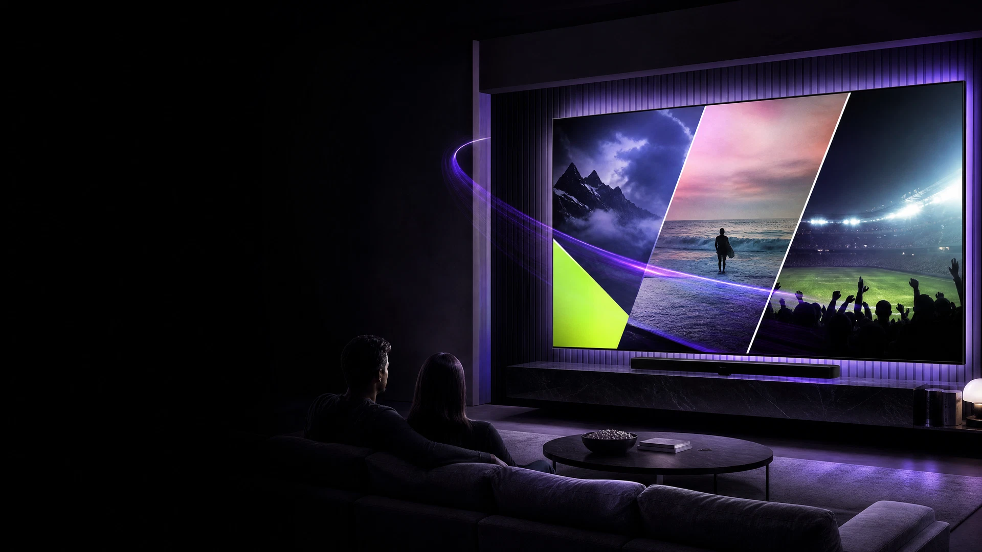 Pantalla con luces de cine en una habitación oscura